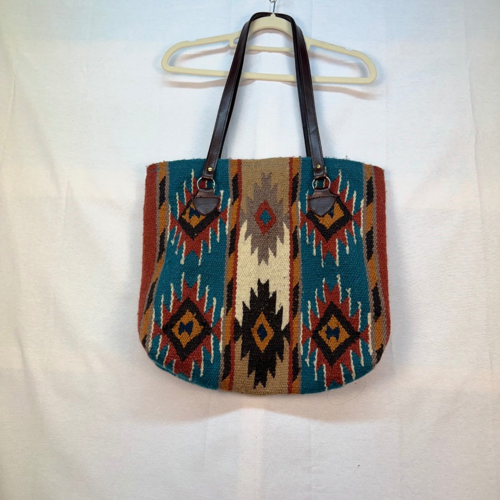 El Paso Saddleblanket Co Southwestern Wool Tote Bag Teal Rust Geometric Zipper - Picture 1 of 8